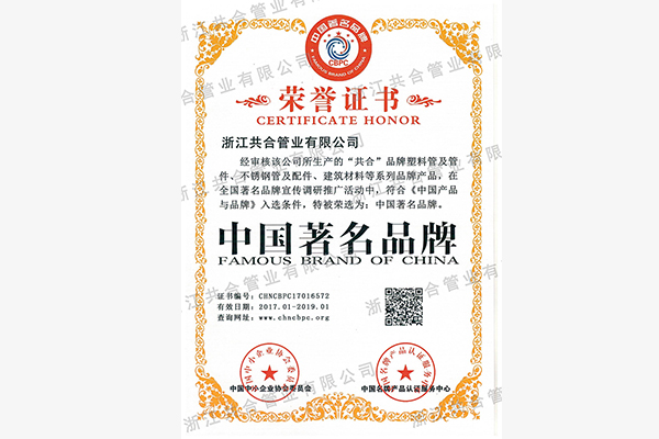 中国著名品牌荣誉证书